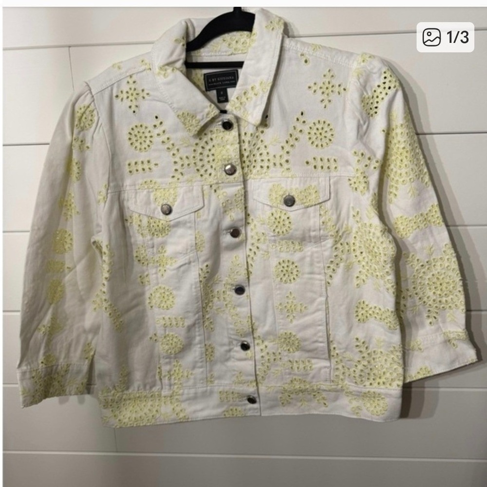 G by Giuliana White Yellow Eyelet Denim Jacket Womens Large 3/4 Sleeve